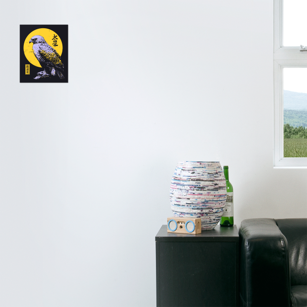 Flying Falcon Japanese Art | Pink & Yellow Ukiyo-e Style by TuncGK